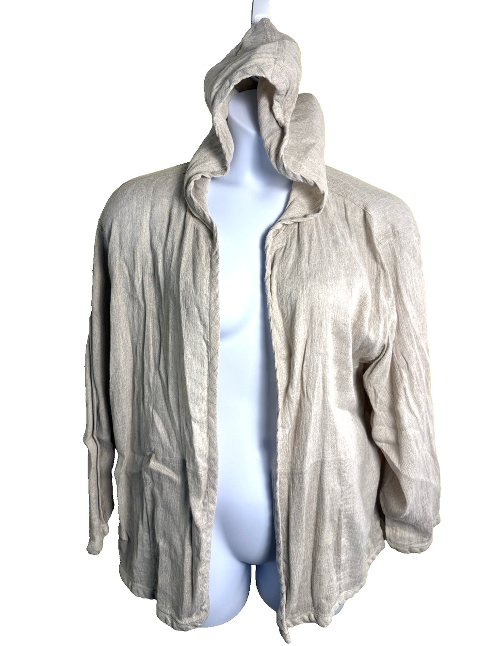 Eileen Fisher Linen Cotton Hooded Open Front Jacket 2X Lagenlook Natural Boho